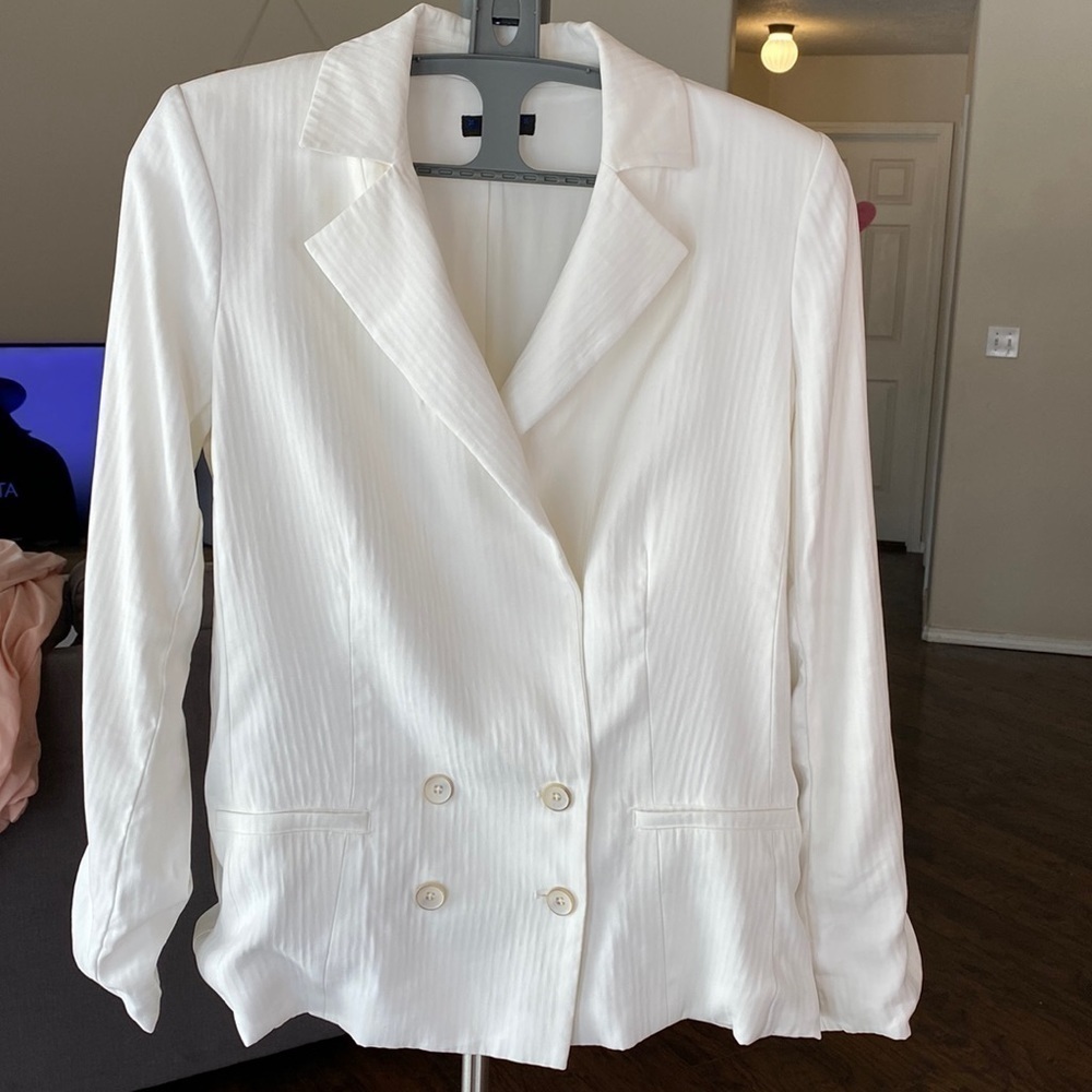 Paige Rosette Double Breasted White Pinstripe Power Blazer - Picture 4 of 17